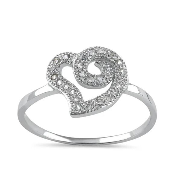 Sterling Silver Swirl Heart Ring – CZ Sparkle, Romantic Design - Picture 3 of 6